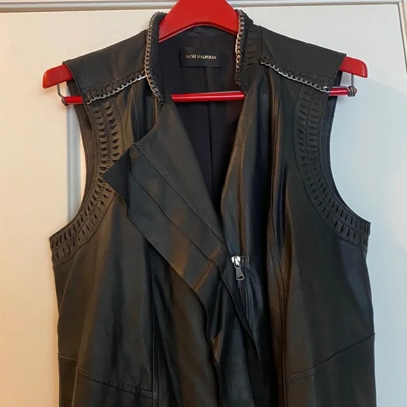 Kobi Halperin đź’ŻGenuine Leather Black Silver Chain Full Zip Ruffled Vest - Picture 8 of 16